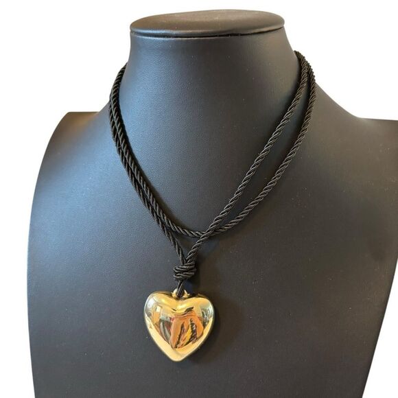 Bubble Heart Gold Tone Choker Pendant Necklace on Sleek Black Cord. - Picture 3 of 5
